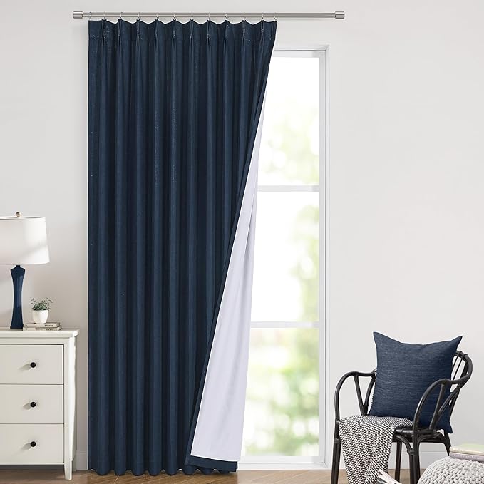 Vision Home Navy Blue Pinch Pleated Full Blackout Curtains Linen Blended Room Darkening Window Curtains 102 inch for Living Room Bedroom Thermal Insulated Pinch Pleat Drapes with Hooks 60" Wx102 Lx1