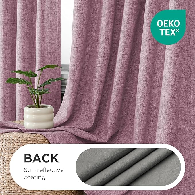 Joydeco Pinch Pleated Curtains - 100% Blackout for Bedroom, Pink Linen Curtains 40" W x 96" L, Thermal Insulated 2 Panels Light Blocking Drapes, Back Tabs for Living Room