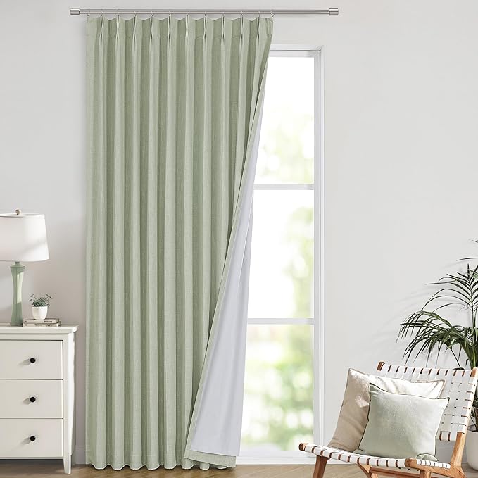Vision Home Soft Green Pinch Pleated Full Blackout Curtains Linen Blended Room Darkening Window Curtains 112 inch for Living Room Bedroom Thermal Insulated Pinch Pleat Drapes with Hooks 60" Wx112 Lx1
