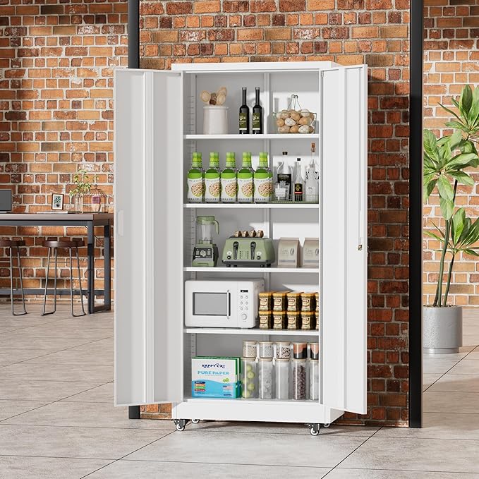 Greenvelly 73" Storage Cabinet with Wheels,Metal Rolling Garage Cabinet with Locking Doors and 4 Adjustable Shelves for Home,Kitchen,Office,Warehouse(32" W x 16" D White)