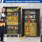 Metal Garage Storage Cabinet with Lock, Steel Tool Cabinet with 2 Doors and 5 Adjustable Shelves, 75” Tall Lockable File Cabinet with Wheels, Organization for Home Office Garage Gym - Black