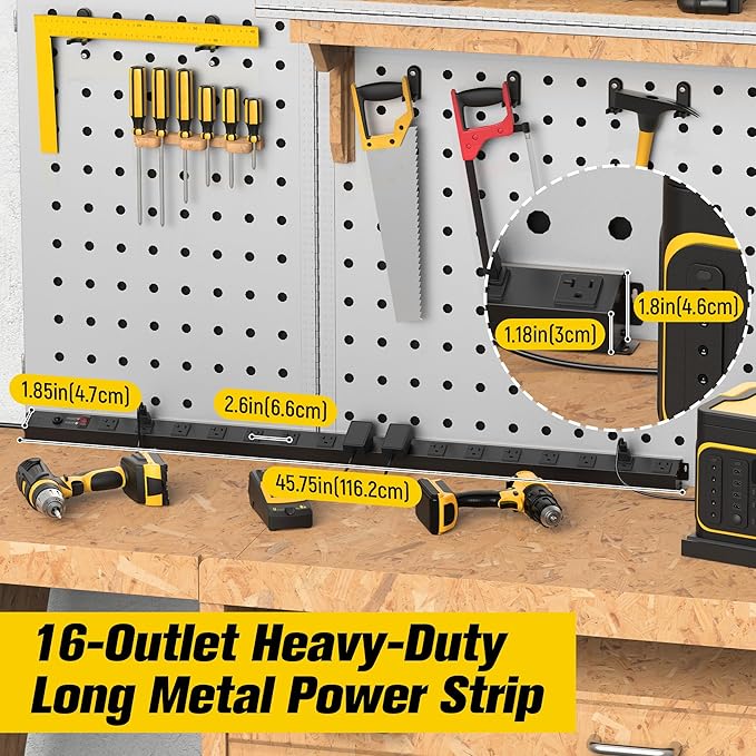 HHSOET 16 Outlet Long Power Strip, 15FT Heavy Duty Power Strip with 4800J Surge Protection, 20a Mountable Wide-Spaced Outlets for Home, Office, Garage & Workshop - ETL Certified (Black)