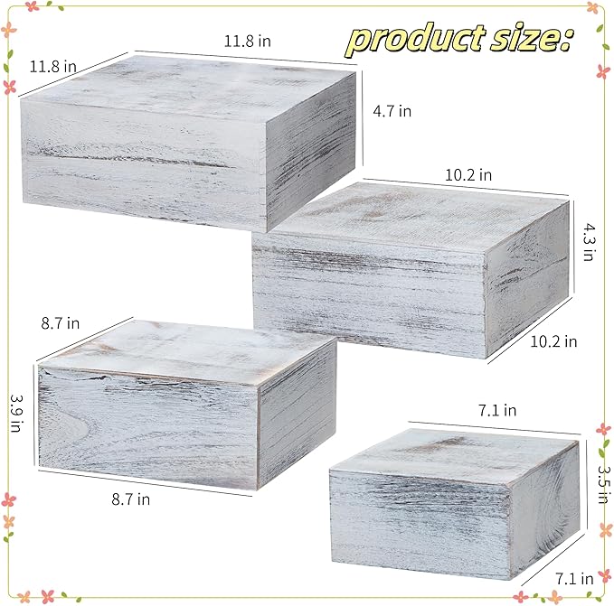 4 Pieces Wooden Cake Stands,Antique White Cupcake Stands for Display,12 inches Square Wooden crates,Wood Display risers for Wedding,Birthday Party,Christmas,etc. (Antique White)