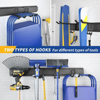 32 Inches Garage Storage, Garage Organization, Wall Mount Garden Tool Organizer, Max 300lbs Adjustable Metal Hooks, Yard Shed Hanging Rack, Heavy Duty Shelving for Rake Broom Mop Snowboard