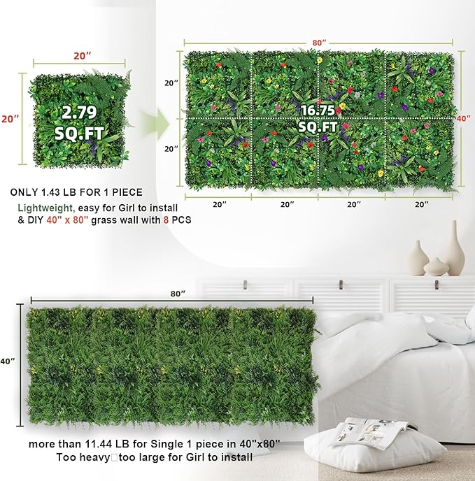 Artificial Boxwood Panel 8 Pieces 20"x20", Green Grass Wall Backdrop Wall for Fence Patio Backrop Balcony, Faux Ivy Privacy Fence Screen, 5 PCS Vines, 60 PCS Violet Flower, 2 PCS Light Strip