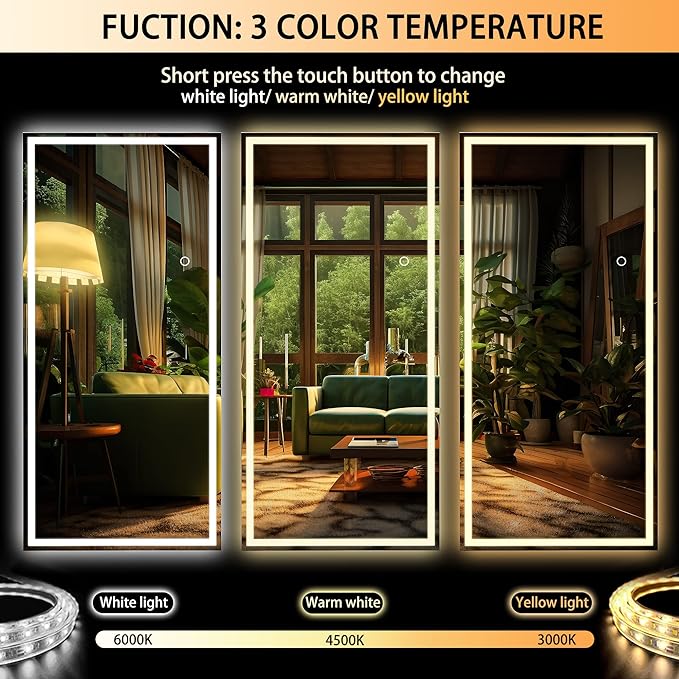 Hasipu Full Length Mirror with Lights, 71" x 24" LED Lighted Floor Standing, Full Body Dressing Hanging Mounted Mirror, Dimmable, Tempered Glass, Safe to Use, Square White
