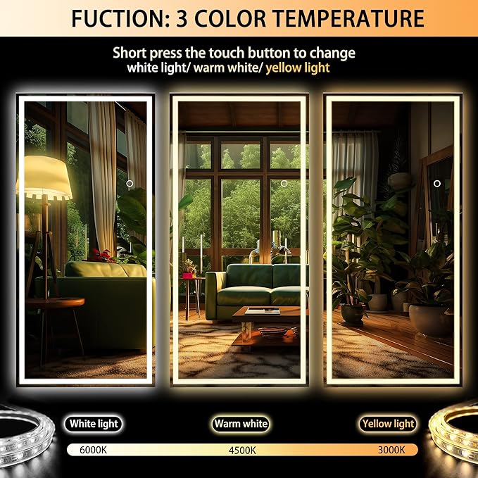 Hasipu Full Length Mirror with Lights, 71" x 27.6" LED Lighted Floor Standing Mirror, Full Body Dressing Hanging Mounted, Dimmable, Tempered Glass, Safe to Use, Square Black
