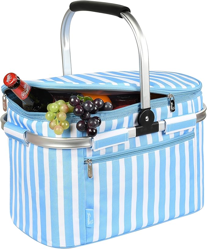 Tirrinia Large Insulated Picnic Basket, 34L Water Resistant & Leakproof Collapsible Portable Cooler Basket Set with Aluminium Handle for Travel, with a Free Foldable Grocery Bag, Blue Strip