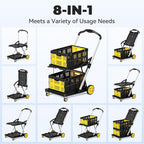 Collapsible Shopping Cart with Wheels, 8-in-1 200LBS Capacity Grocery Cart on Wheels with 2 Storage Crate, Folding Utility Cart for Shopping, Travel, Supermarket, Office, Yellow