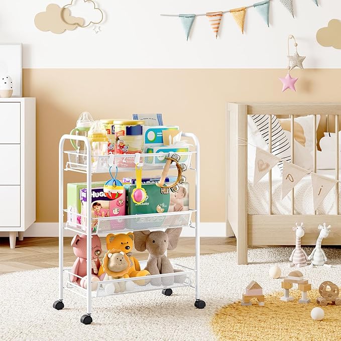 Metal Rolling Utility Cart, 3-Tier Mesh Wire Storage Trolley with Easy Assembly, Organizer Craft Cart 3 Hooks, Mobile Shelving Unit for Kitchen, Bathroom, Laundry Room, and Home