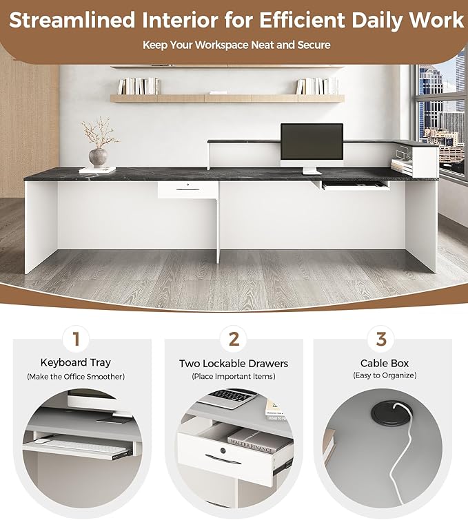 Modern L-Shaped Reception Desk with Counter – 71" Front Desk Reception Room Table with Lockable Drawer & Keyboard Tray for Office, Salon, Lobby, Checkout (White + Black, Right)
