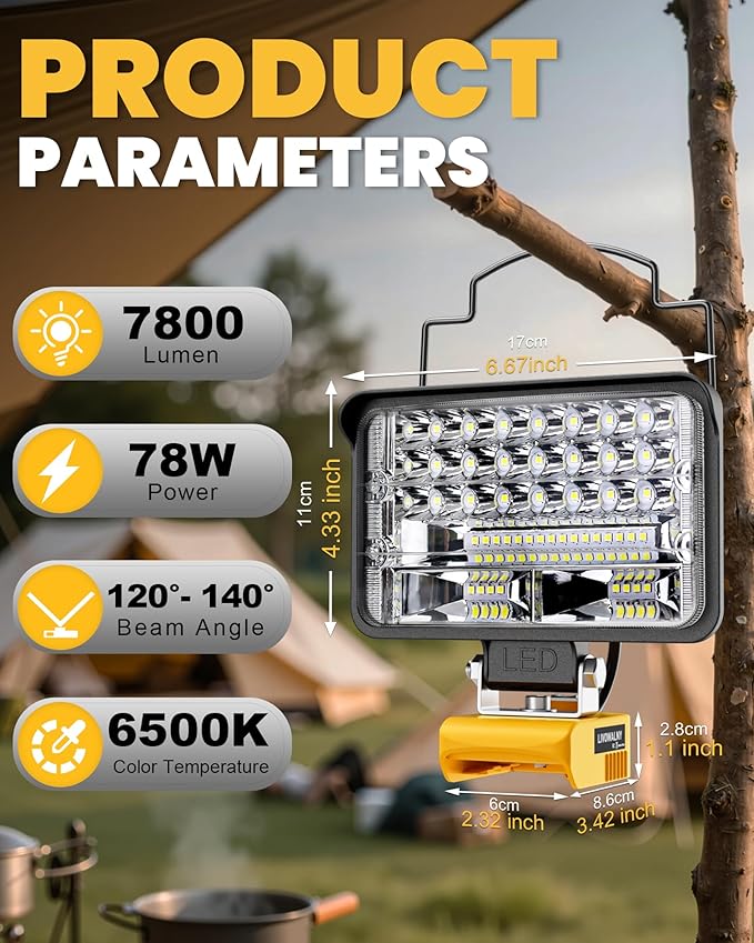 LIVOWALNY Cordless LED Work Light Compatible with Dewalt, 78W 7800LM 5" 20V Battery Flashlights with USB & Type-C & Low Voltage Protection & 140° Pivoting Head for Emergency, Outdoors & Job Site Light