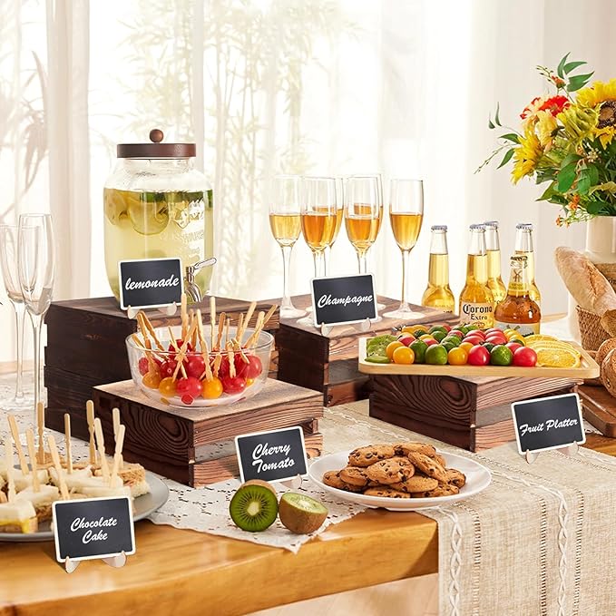 6 Pcs Buffet Risers with Mini Signs, Rustic Wood Cake Stands, Food Risers for Buffet Table, Dessert Display Stand, Wood Crates, Rustic Cake Stand for Party, Wedding, Birthday, Baby Shower, 3 Sizes