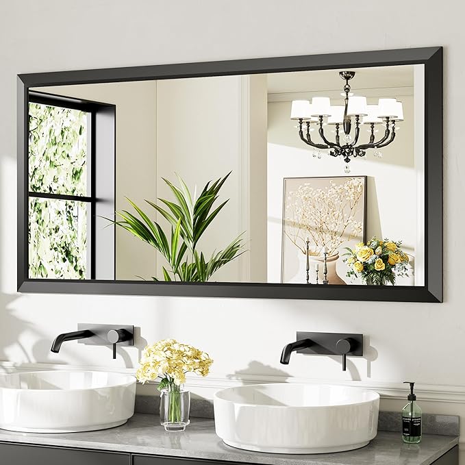 60x28 Inch Black Bathroom Mirror for Wall, Thick Metal Framed Rectangle Mirrors for Over Sink, Bedroom, Living Room, Entryway, Anti-Rust, HD Tempered Glass