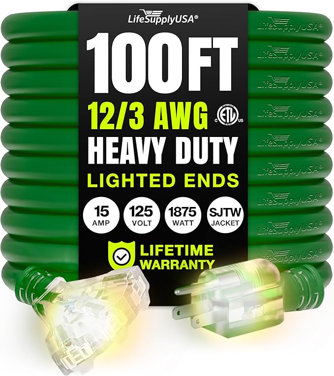 100ft Outdoor/Indoor Extension Cord 3-Outlet 12/3 Gauge Extra Heavy Duty ETL Listed, 3 Prong SJTW, Waterproof, Flexible Cold-Resistant Long Power Cord,15A 125V 1875W, Green by LifeSupplyUSA
