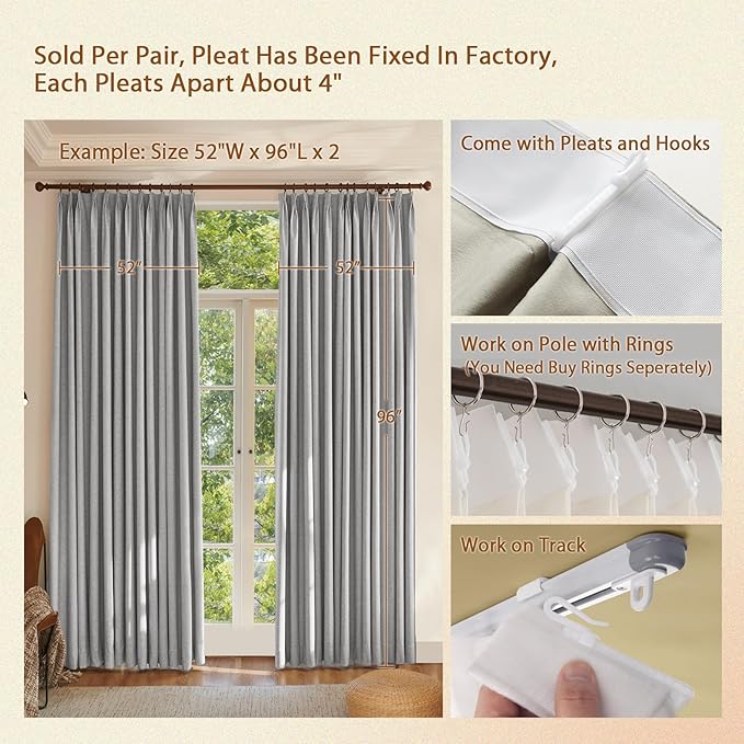 Textured Linen Pencil Pleats 100% Blackout Curtains for Bedroom/Living Room Blackout Curtains 63 Inches Long, Energy Saving Window Treatment Curtains,84Wx63Lx2,Grey