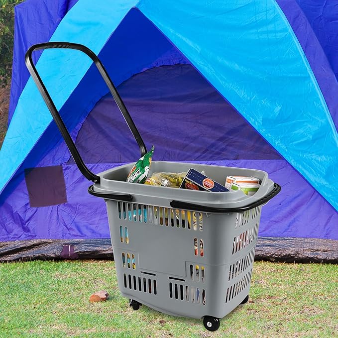 50 L Shopping Basket with Wheels and Handle, Grey Plastic Rolling Shopping Basket, 4 Packs