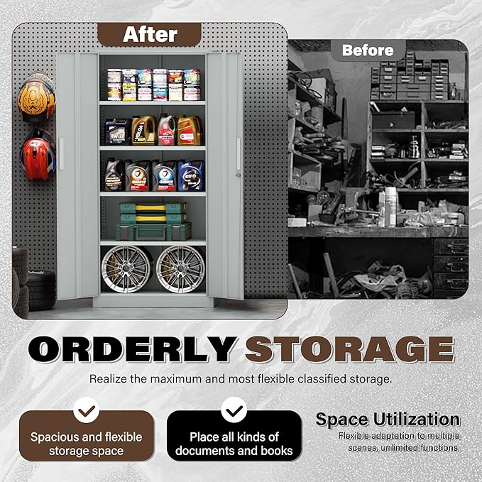 Incbruce 72” Metal Storage Cabinet, Locking Steel Storage Cabinets with 2 Doors and 4 Adjustable Shelves, Tall Lockable Tool Storages for Garage, Home, Office (Grey)