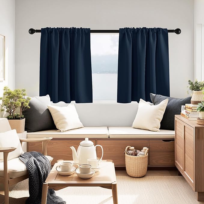 PONY DANCE Blackout Curtains for Bathroom - Solid Light Window Decor for Kitchen/Bedroom,RV Curtains for Camper Windows, W 29 x L 24, Navy Blue, 1 Pair