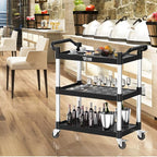 TUFFIOM 3-Tier Plastic Service Utility Cart with Wheels, Heavy Duty 390lbs Capacity, Commercial Rolling Ideal for Restaurant, Foodservice, Office, Warehouse, Black 34.8''L x 17.4''W x 38.6''H