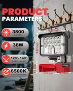 LIVOWALNY LED Work Light Compatible with Milwaukee Battery, 38W 3000 LM Portable Flood Light with Low Voltage Protection, USB & Type-C Output Port for Construction, Camping, Emergency, Bare Tool Only