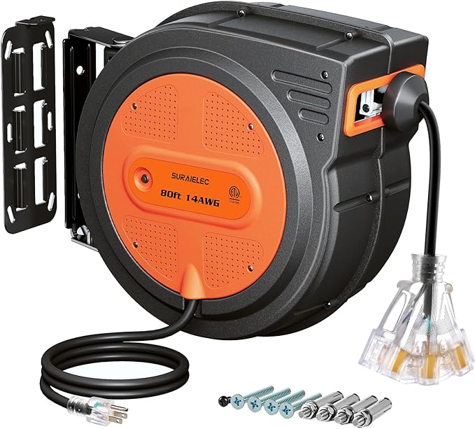 SURAIELEC 80 FT Retractable Extension Cord Reel, 14 AWG SJTOW Power Cord for Garage & Workshop, 10A Circuit Breaker, Wall/Ceiling Mount, Upgraded Anti-Tangle Roller Design, ETL Listed, Orange