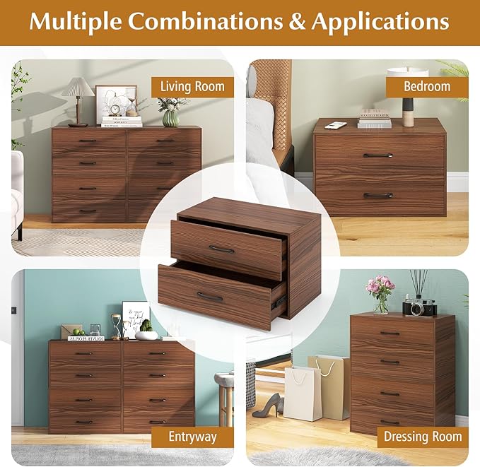 POWERSTONE 2 Drawers Storage Cabinets, Wooden Dresser Organizer, Under Desk Storage for Living Room, Bedroom, Home Office, Walnut