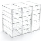 Prsildan Acrylic Drawer Organizer with 15 Drawers, Makeup Craft Office Desk Organizers Accessories, Set of 3 Clear Stackable Storage Drawers for Vanity, Countertop, Jewelry, Art Supply Organization