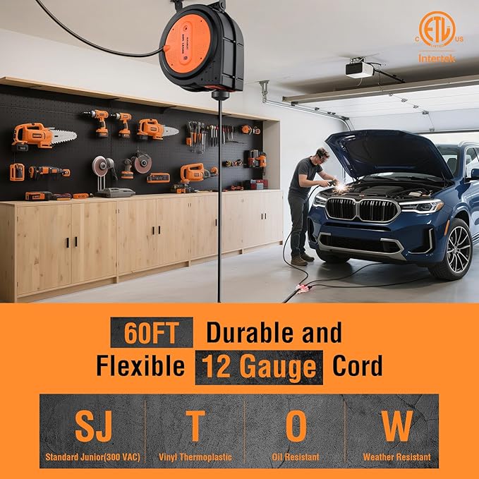 SURAIELEC 12 Gauge Extension Cord Reel, 60 FT Retractable Extension Cord, 12 AWG/3C SJTOW Heavy Duty Power Cord, 13 AMP Circuit Breaker, Lighted Triple Tap, Ceiling or Wall Mount, ETL Listed, Orange