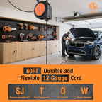 SURAIELEC 12 Gauge Extension Cord Reel, 60 FT Retractable Extension Cord, 12 AWG/3C SJTOW Heavy Duty Power Cord, 13 AMP Circuit Breaker, Lighted Triple Tap, Ceiling or Wall Mount, ETL Listed, Orange