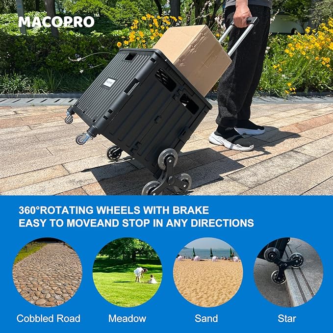 Foldable Utility Cart with Stair Climbing Wheels, Collapsible Rolling Crate with Telescoping Handle, Folding Shopping Trolley Handcart Grocery Book File Tool Teacher Storage Basket (Black)