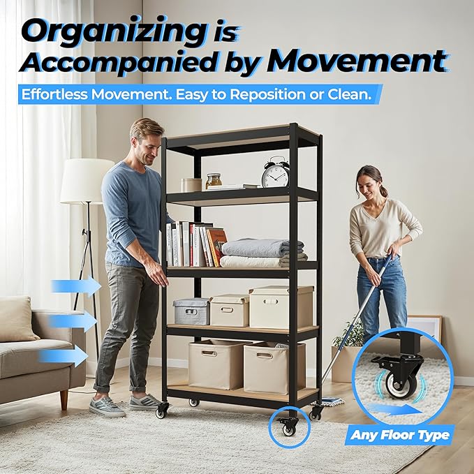 HOMEDANT House 5-Tier Metal Rolling Cart Shelf Rack Casters Heavy Duty Laminated Wheel Shelving Unit Adjustable Utility Storage Shelves Organizer Shelf Kitchen Garage (2, (S) 24.4" W, Black)