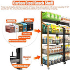 4 Tier Supermaket Snack Rack Display Stand, Free-Standing Black Retail Display Shelves with 12 Hooks & 4 Wheels, Large Metal Snack Shelf for Store Business