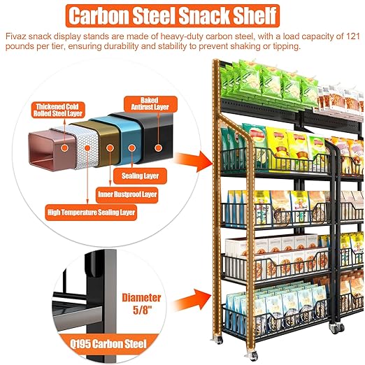 4 Tier Supermaket Snack Rack Display Stand, Free-Standing Black Retail Display Shelves with 12 Hooks & 4 Wheels, Large Metal Snack Shelf for Store Business