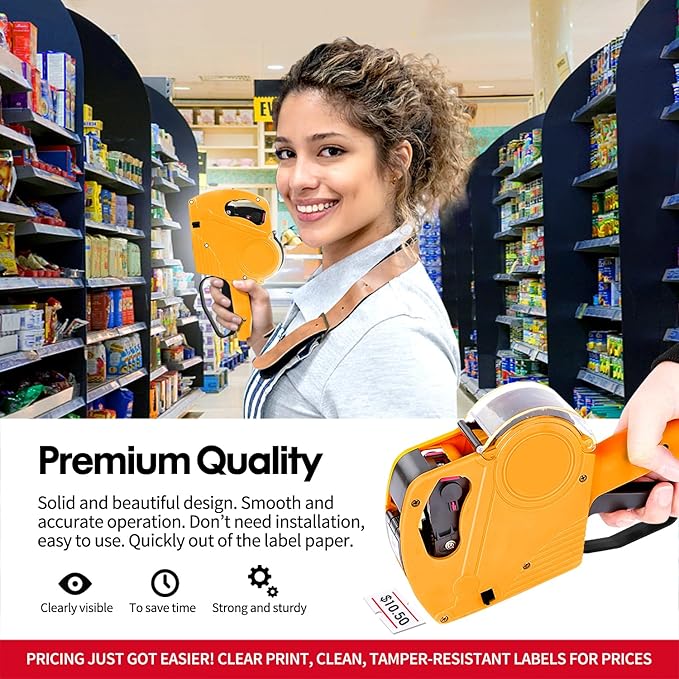 KPX Pricing Tag Gun, 8 Digits, 5150 White Labels, Yellow (Rectangular, Paper, 21*12 mm), One Touch Open System, Incl 3 Inker Rollers