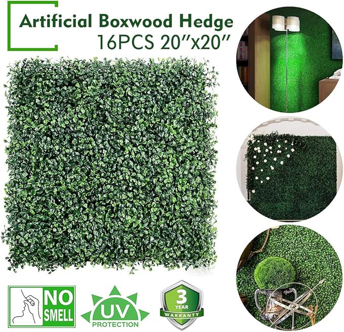 16PCS 20"x20" Artificial Boxwood Panels Topiary Hedge Plant UV Protected Faux Grass Wall Greenery Mats for Outdoor Garden Fence Backyard and Indoor Home Wedding Decoration, Dark Green