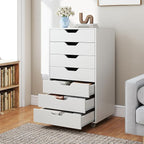 7 Drawer File Cabinet, Mobile Filing Cabinet w/Universal Wheels, Wood Printer Stand with Storage, Rolling File Cabinets for Home Office, Living Room, Bedroom (White, 7 Drawers)