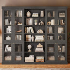 Vyre 70.8" Tall Farmhouse Bookshelf with Glass Doors, Modular Bookcase with 6-Tier Adjustable Shelves, Large Storage Cabinet for Kitchen, Living Room, Black, Set of 3
