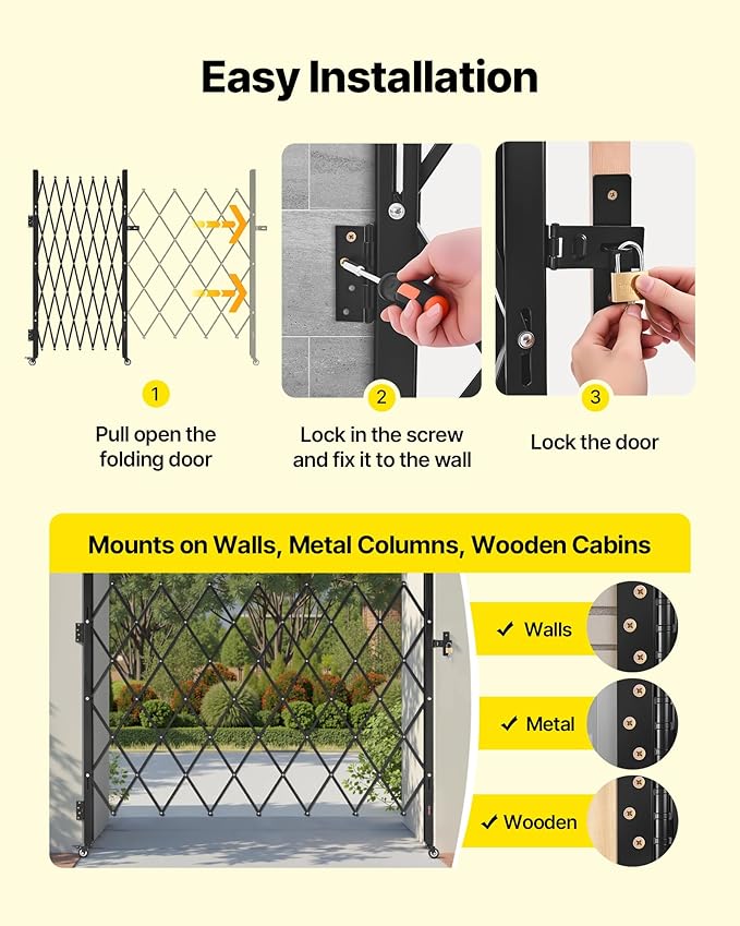VEVOR Single Folding Security Gate, Lockable Scissor Gate with 360° Swivel Casters, Outdoor Barricade Steel Retractable Gates, for Entry Security, Garage, Warehouse & Pool, 70.87 x 63.39 in (W x H)
