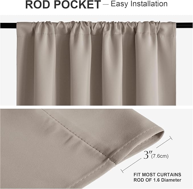 PONY DANCE Light Taupe Blackout Curtains for Bedroom 72 inch Length 2 Panels Set, Thermal Insulated Rod Pocket Room Darkening Drapes for Living Room Window 2 Burg, Wide 52 x Long 72 inches