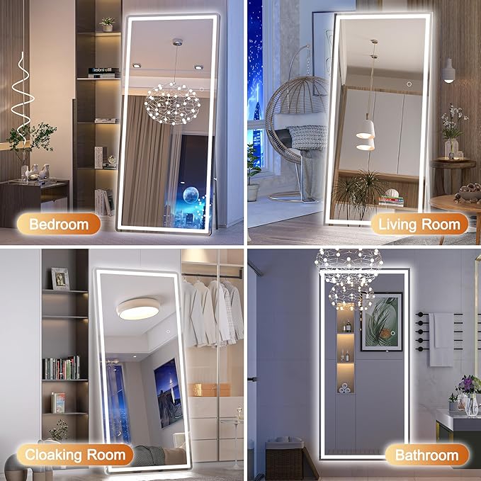 Hasipu Full Length Mirror with Lights, 71" x 32" LED Lighted Floor Standing, Full Body Dressing Hanging Mounted Mirror, Dimmable, Tempered Glass, Safe to Use, Square White