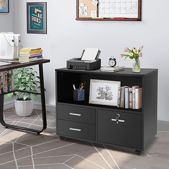 LUCKYERMORE 3-Drawer File Cabinet with Lock, Mobile Home Office Storage Cabinet with Shelves & Printer Stand, Black