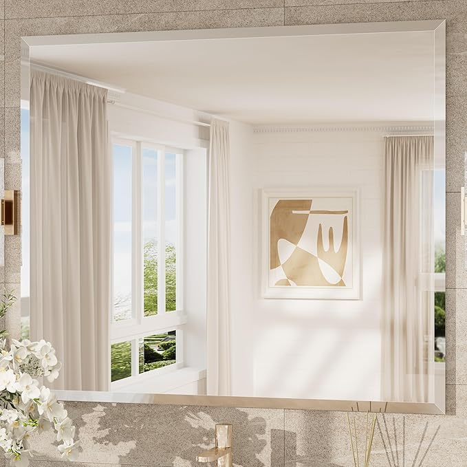 TokeShimi 42x36 Beveled Frameless Bathroom Mirror Decorative, Bathroom Vanity Mirrored with 1" Beveled Edge, Shatterproof Modern Frameless Mirror Rectangle for Living Room, Entryway, Restroom
