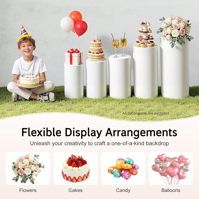 5 Pcs Metal Pleated Cylinder Pedestal Stands for Party, Cylindrical Dessert Display Stands, for Wedding Birthday Party 20'', 21.5'', 23.5'', 29.5'', 35.5'' H
