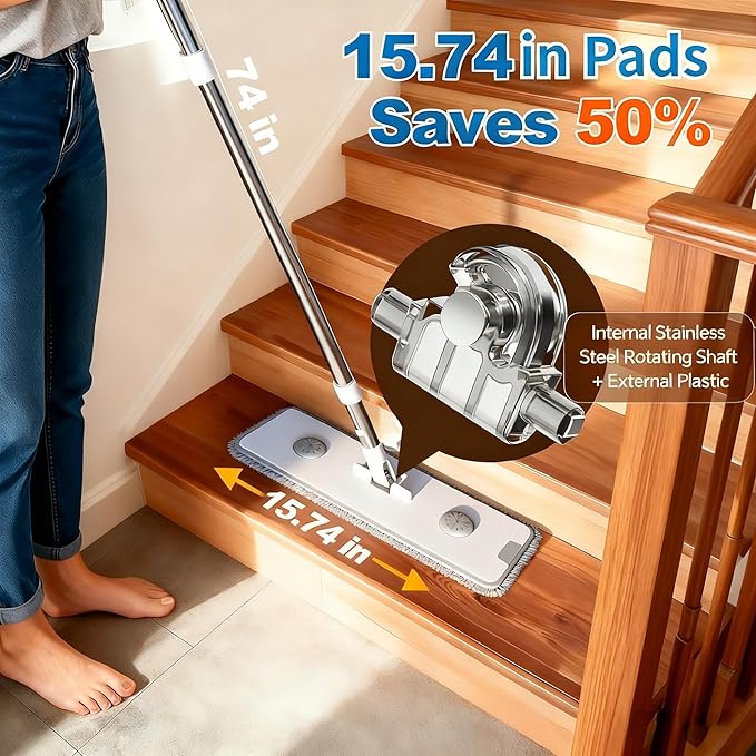 CTIME Large Mop and Bucket Set, Flat Mop and Bucket System, Wall Mop with Adjustable Handle (Max 74 Inches), Mops for Floor Cleaning, 6 Washable 15.74'' Microfiber Mop Pads