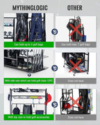 Mythinglogic Golf Bag Storage Garage Organizer,2 Golf Bags Storage Stand and Golfing Equipment Accessories Storage Rack with 4 Removable Hooks, Extra Golf Clubs Display Rack