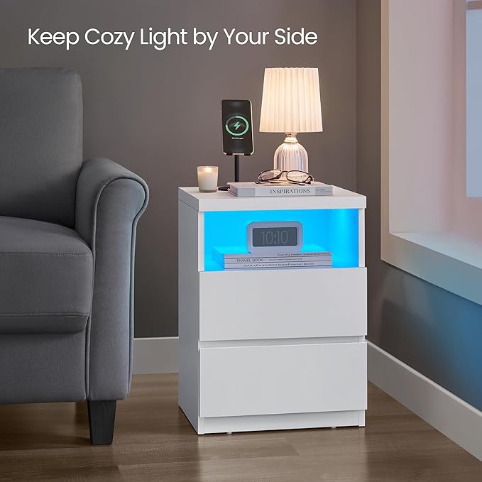VASAGLE Set of 2 Nightstands with Adjustable LED Lights, Bedside Tables with Drawers, Side Tables, for Bedroom, Modern Minimalist Style, White ULET934T14