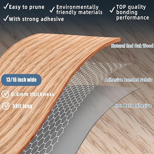 Red Oak Edge Banding, 13/16 inch x 50ft roll of Veneer Edge Banding, Pre-glued Flexible Real Wood Tape Banding for Cabinet Repair Furniture Restoration