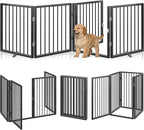 Vantas Folding No-Assembly Metal Pet Gate 80" Wide, 24" Extra Tall Dog Gate with Door Walk Through, Freestanding Accordion Puppy Gate Dog Door for Indoor & Outdoor, with 2PCS Support - Black
