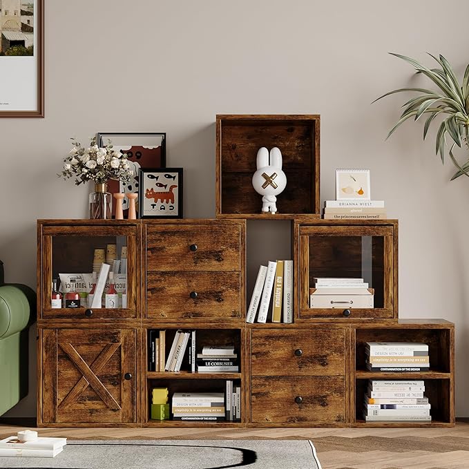 FUSUNBAO Magic DIY Cube Storage Organizer Stackable Cubes for Home Books Clothes Toy-Modular Cubby Storage System-Office Cubical-Bookcase Closet(Antique Brown, Glass Door Cube)